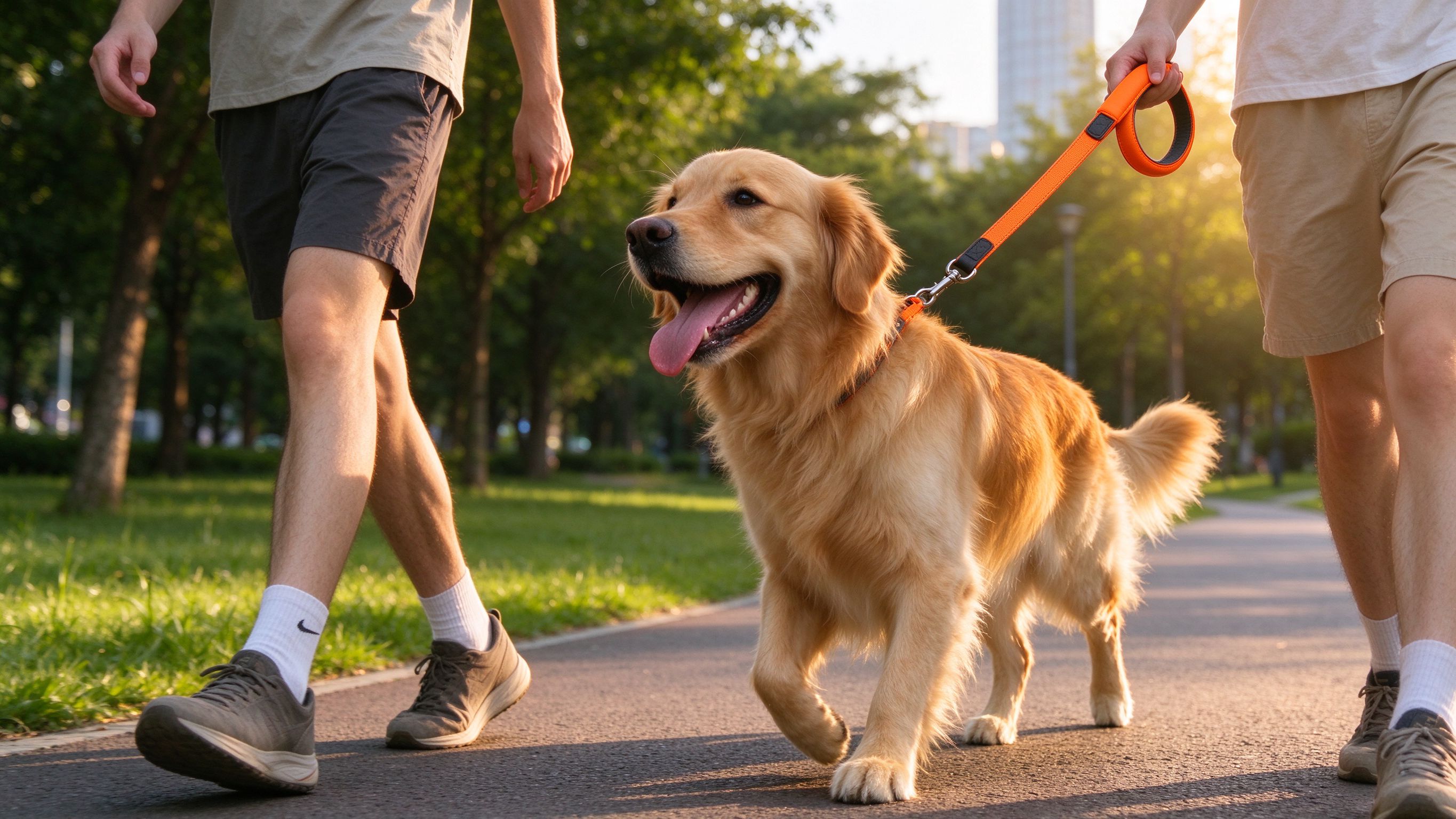 Golden retriever wearing Pawnest orange dog leash being walked in a sunny park