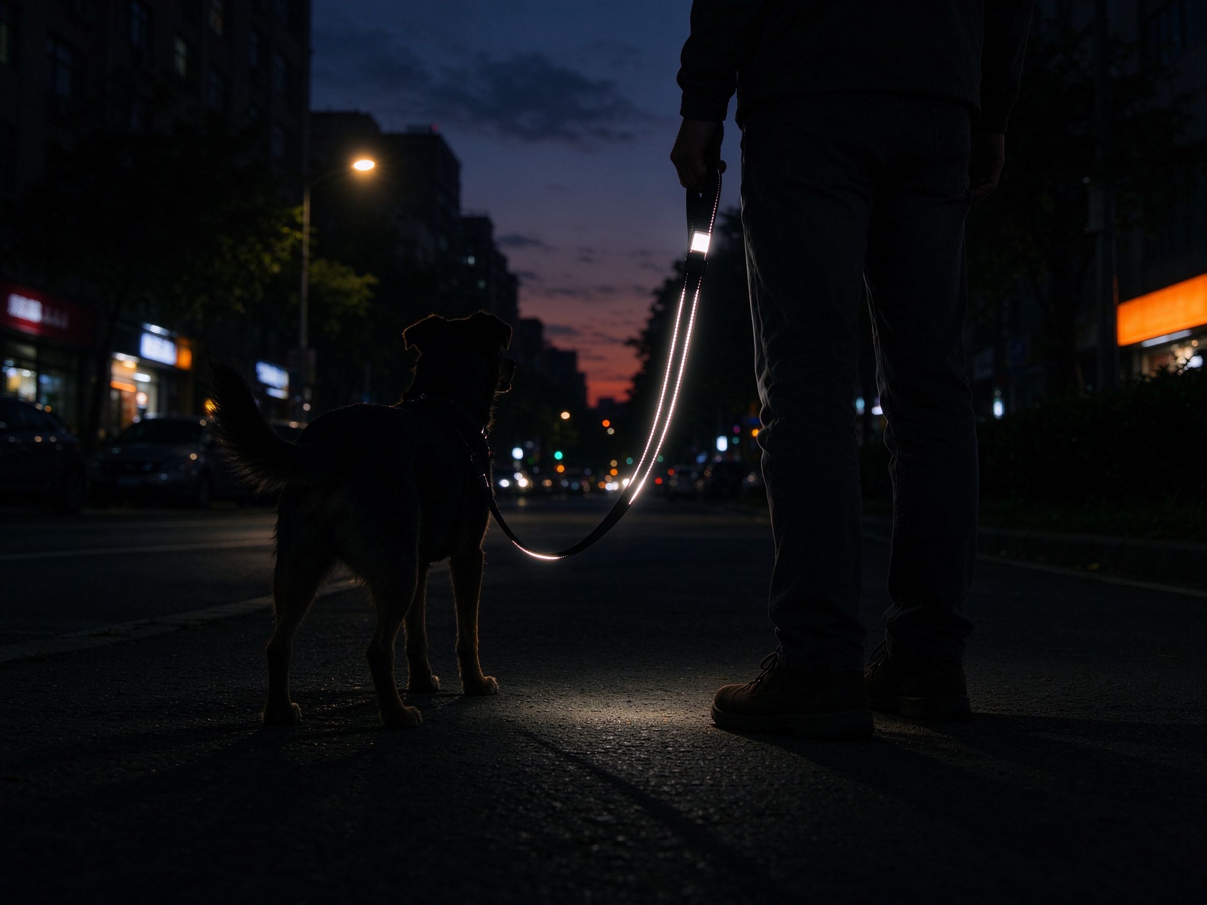 Dog leash reflective stitching glowing at night during an evening walk in the city